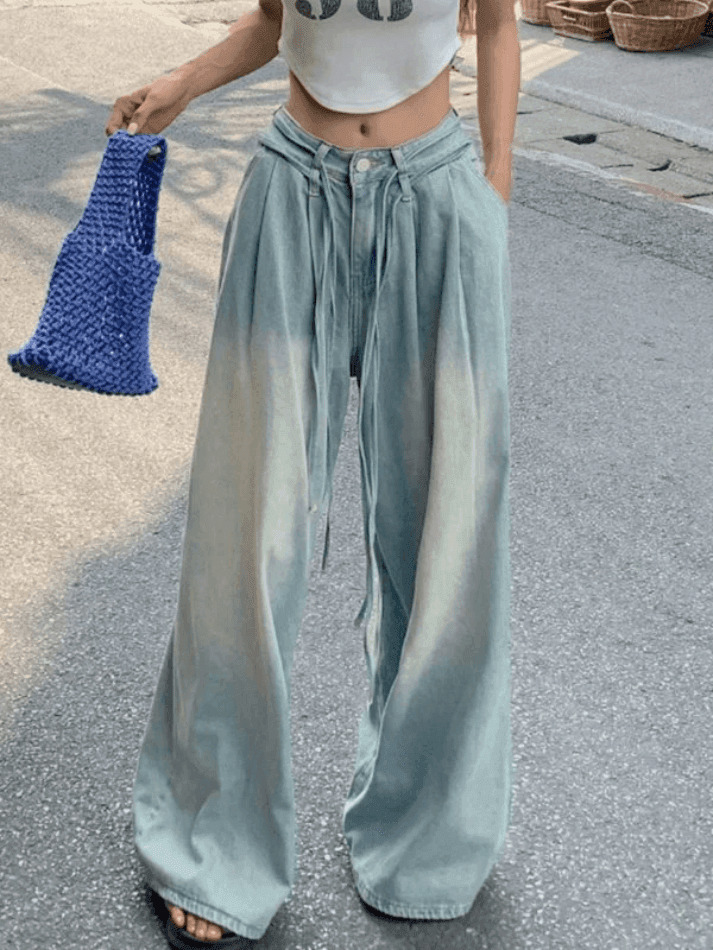 Vintage-Inspired Y2K Drawstring Cargo Skirt for Women - Coquette Aesthetic Wide-Leg Denim