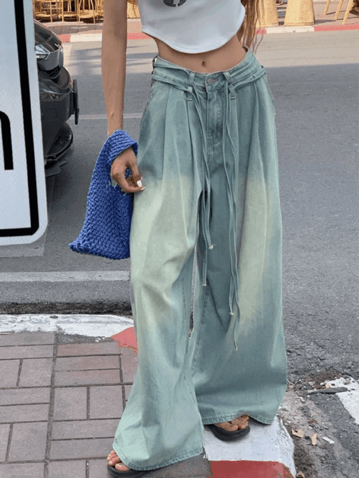 Vintage-Inspired Y2K Drawstring Cargo Skirt for Women - Coquette Aesthetic Wide-Leg Denim
