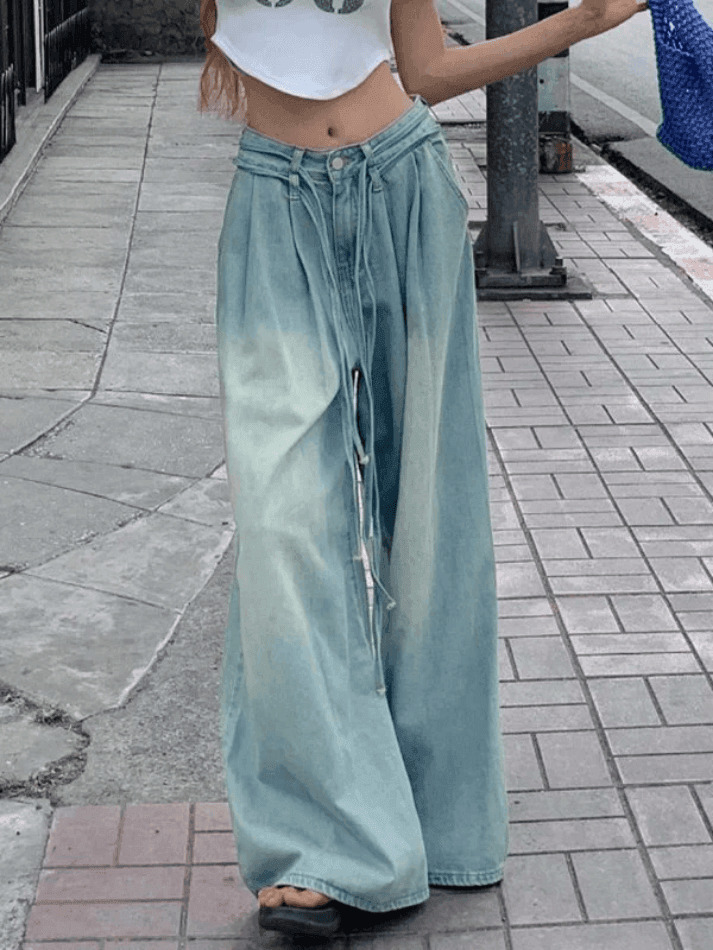 Vintage-Inspired Y2K Drawstring Cargo Skirt for Women - Coquette Aesthetic Wide-Leg Denim