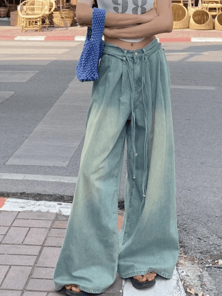 Vintage-Inspired Y2K Drawstring Cargo Skirt for Women - Coquette Aesthetic Wide-Leg Denim