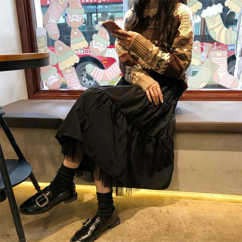 Vintage-Inspired Y2K Tiered Midi Skirt for Women - Coquette Aesthetic with a Touch of Grunge Style