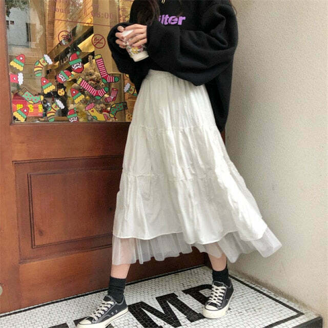 Vintage-Inspired Y2K Tiered Midi Skirt for Women - Coquette Aesthetic with a Touch of Grunge Style