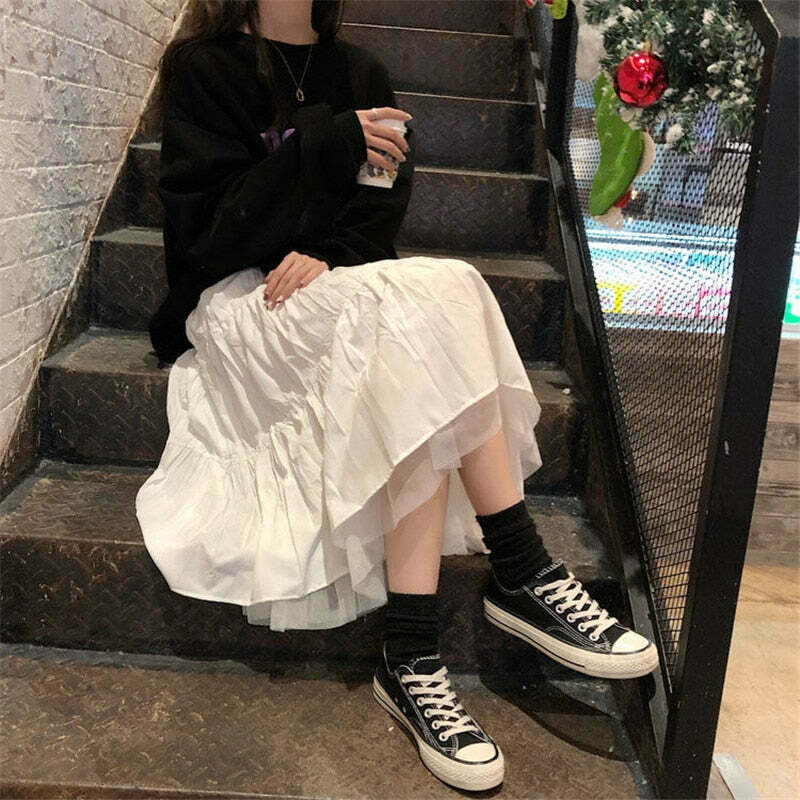 Vintage-Inspired Y2K Tiered Midi Skirt for Women - Coquette Aesthetic with a Touch of Grunge Style