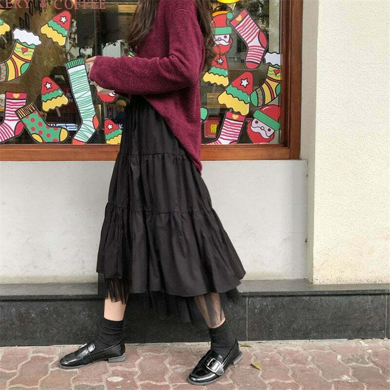 Vintage-Inspired Y2K Tiered Midi Skirt for Women - Coquette Aesthetic with a Touch of Grunge Style