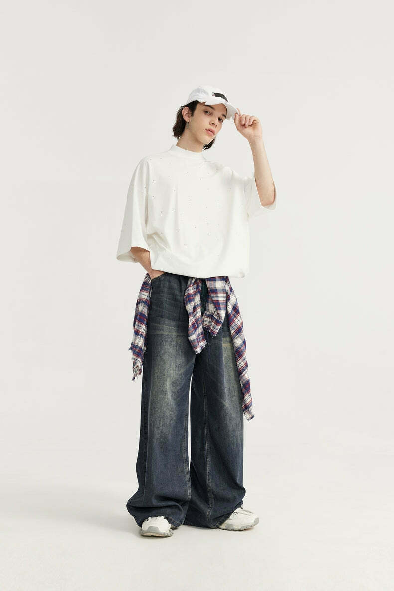 Vintage-Inspired Y2K Wide Leg Denim Jeans for Women - Coquette Aesthetic with a Grunge Twist
