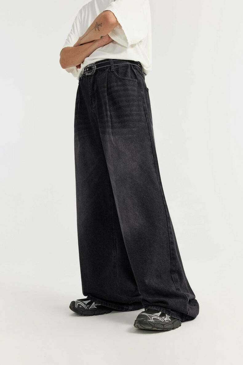 Vintage-Inspired Y2K Wide Leg Denim Jeans for Women - Coquette Aesthetic with a Grunge Twist