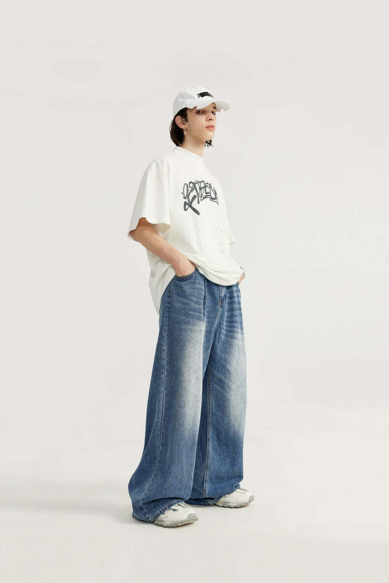 Vintage-Inspired Y2K Wide Leg Denim Jeans for Women - Coquette Aesthetic with a Grunge Twist