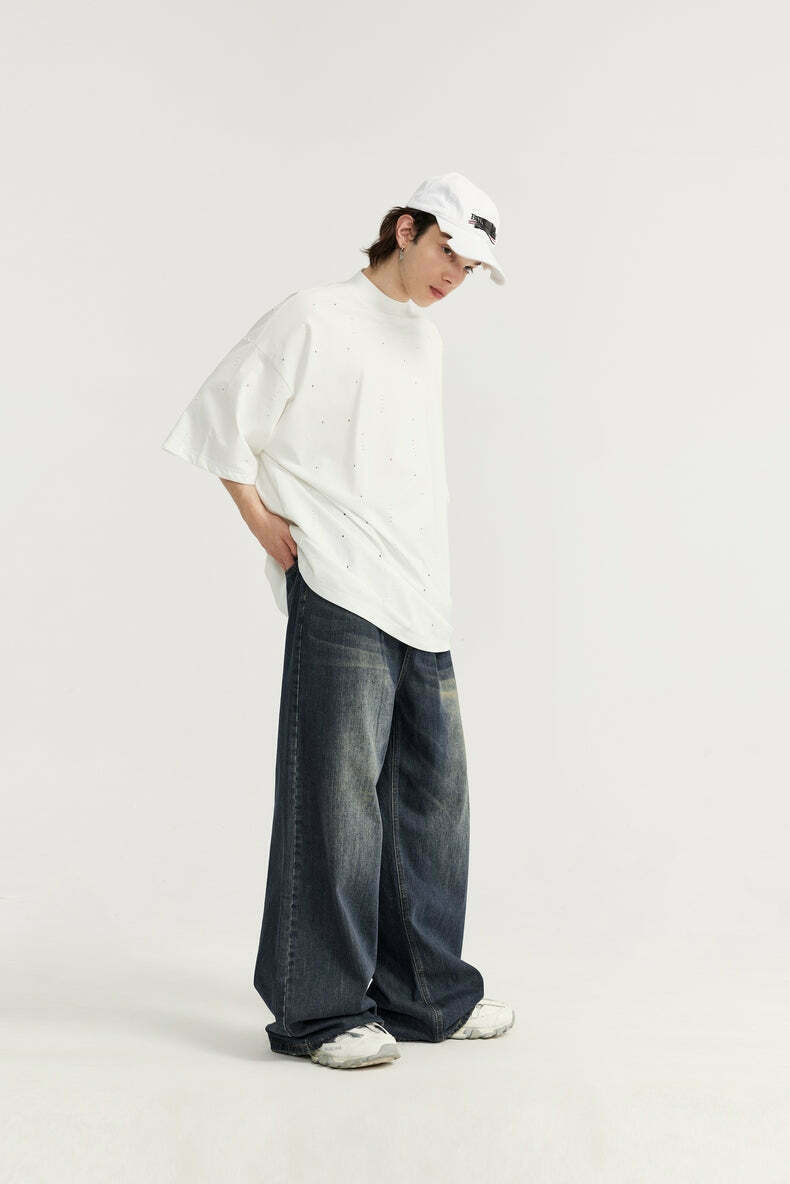Vintage-Inspired Y2K Wide Leg Denim Jeans for Women - Coquette Aesthetic with a Grunge Twist