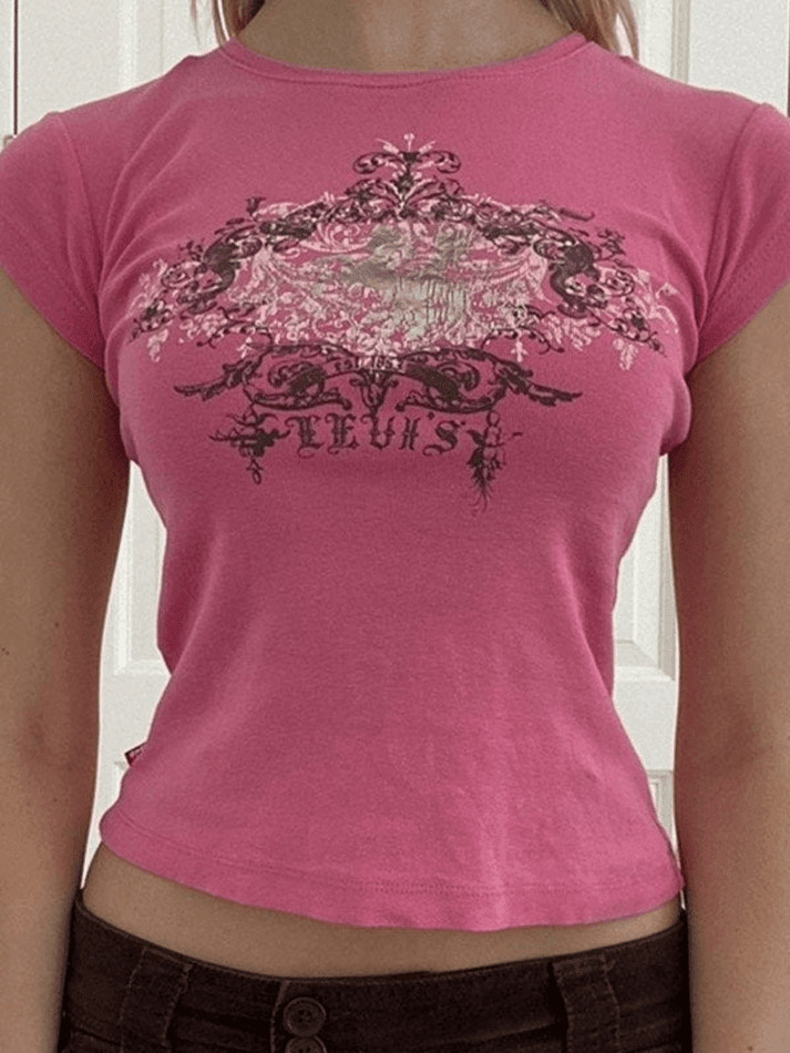 Vintage Acanthus Logo Print Baby Tee - Y2K Fashion Niche Women's Clothing