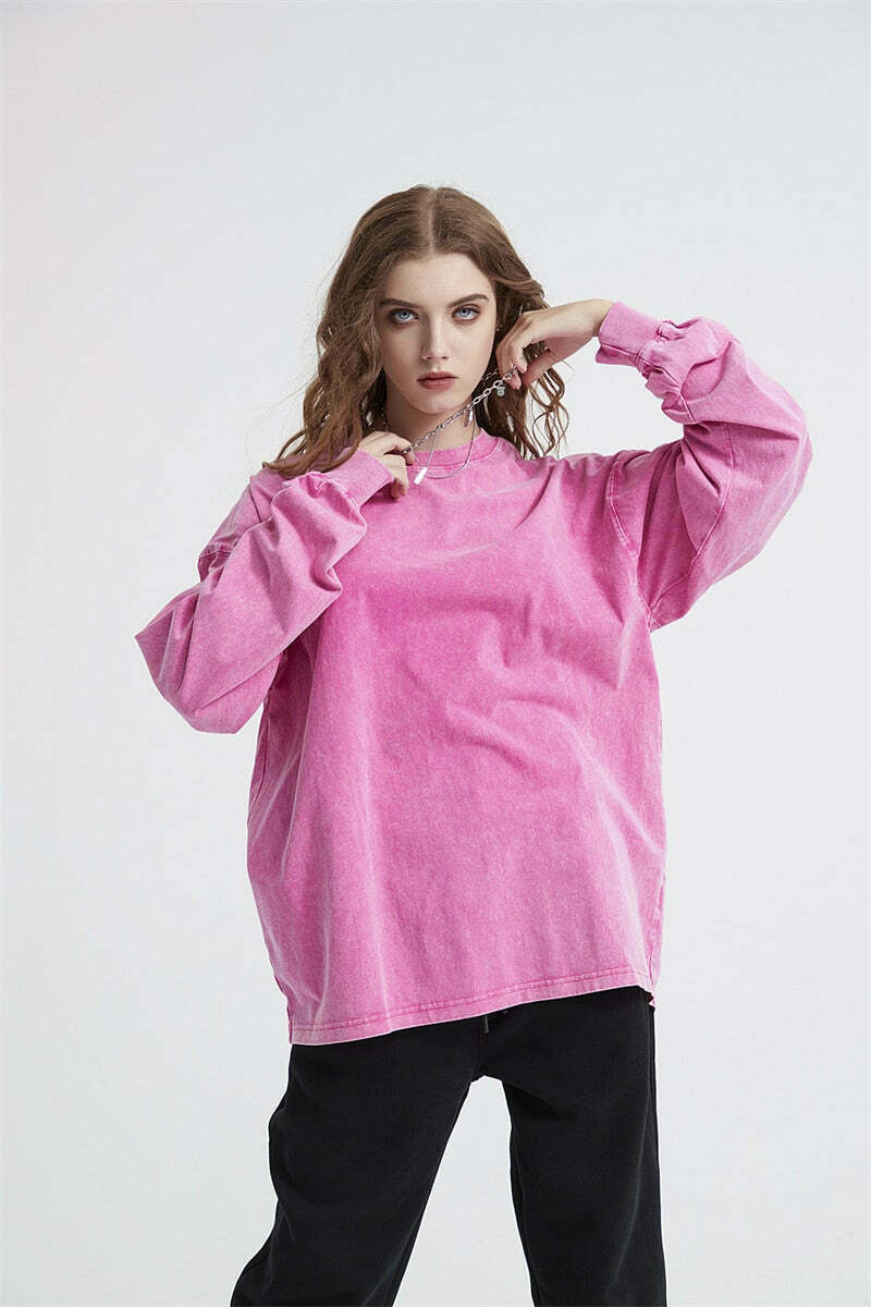 Vintage Acid Washed Long Sleeve Tee - Y2K Fashion Staple for Women - Coquette Aesthetic Grunge Style