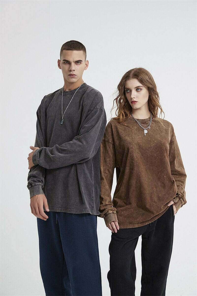 Vintage Acid Washed Long Sleeve Tee - Y2K Fashion Staple for Women - Coquette Aesthetic Grunge Style