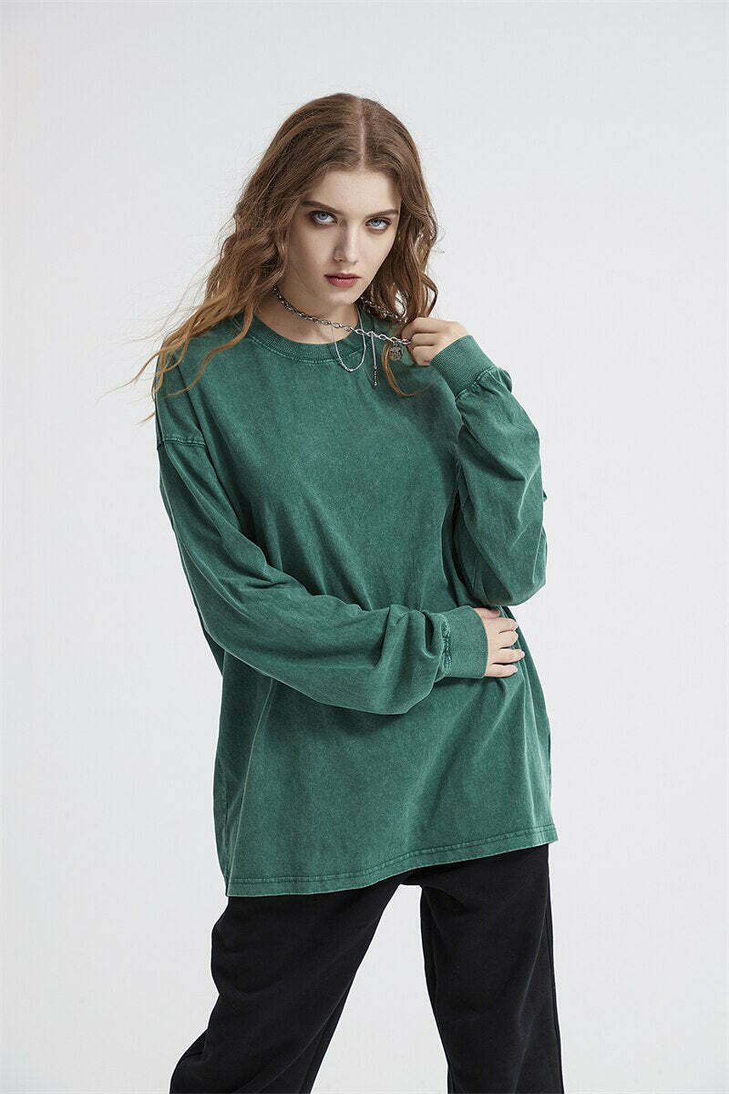 Vintage Acid Washed Long Sleeve Tee - Y2K Fashion Staple for Women - Coquette Aesthetic Grunge Style
