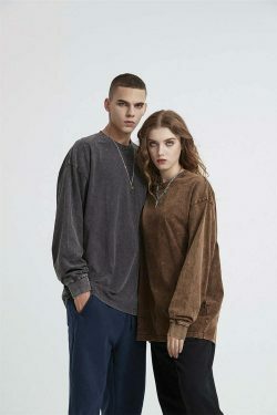 Vintage Acid Washed Long Sleeve Tee - Y2K Fashion Staple for Women - Coquette Aesthetic Grunge Style