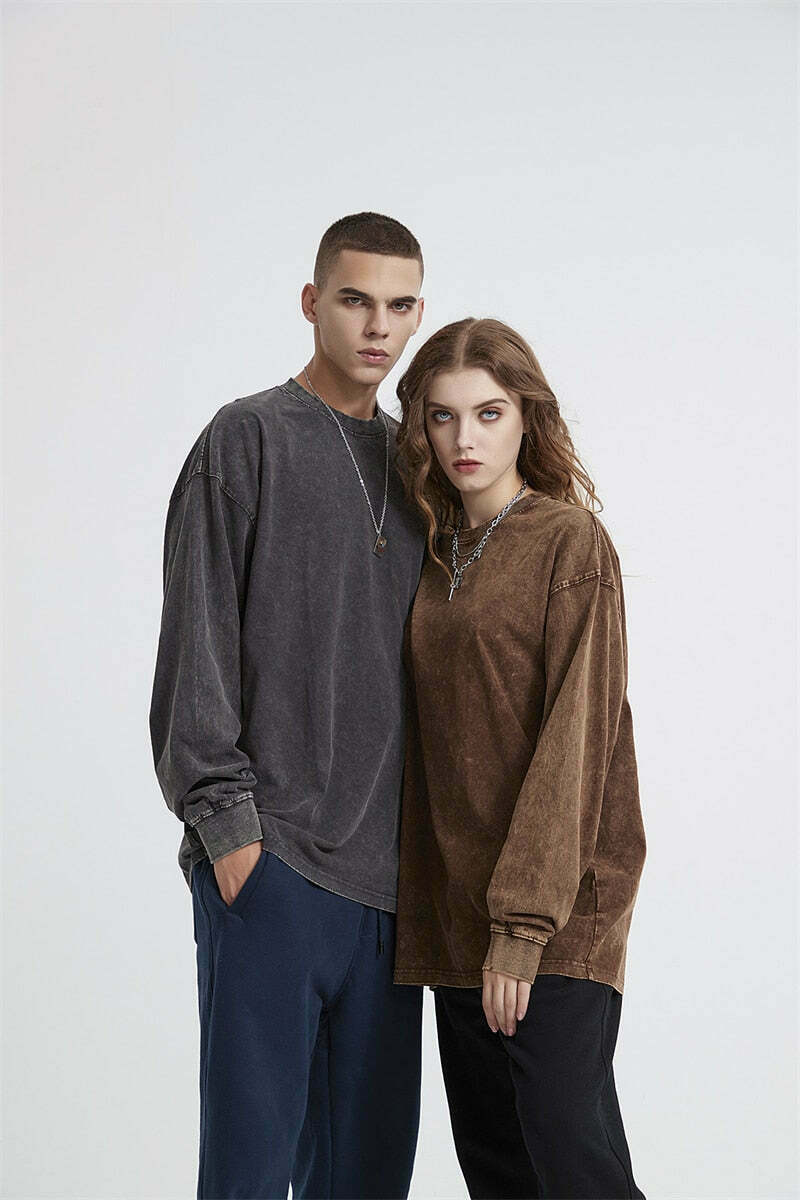 Vintage Acid Washed Long Sleeve Tee - Y2K Fashion Staple for Women - Coquette Aesthetic Grunge Style