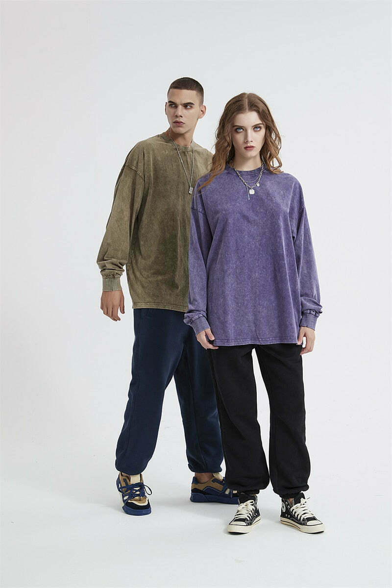 Vintage Acid Washed Long Sleeve Tee - Y2K Fashion Staple for Women - Coquette Aesthetic Grunge Style