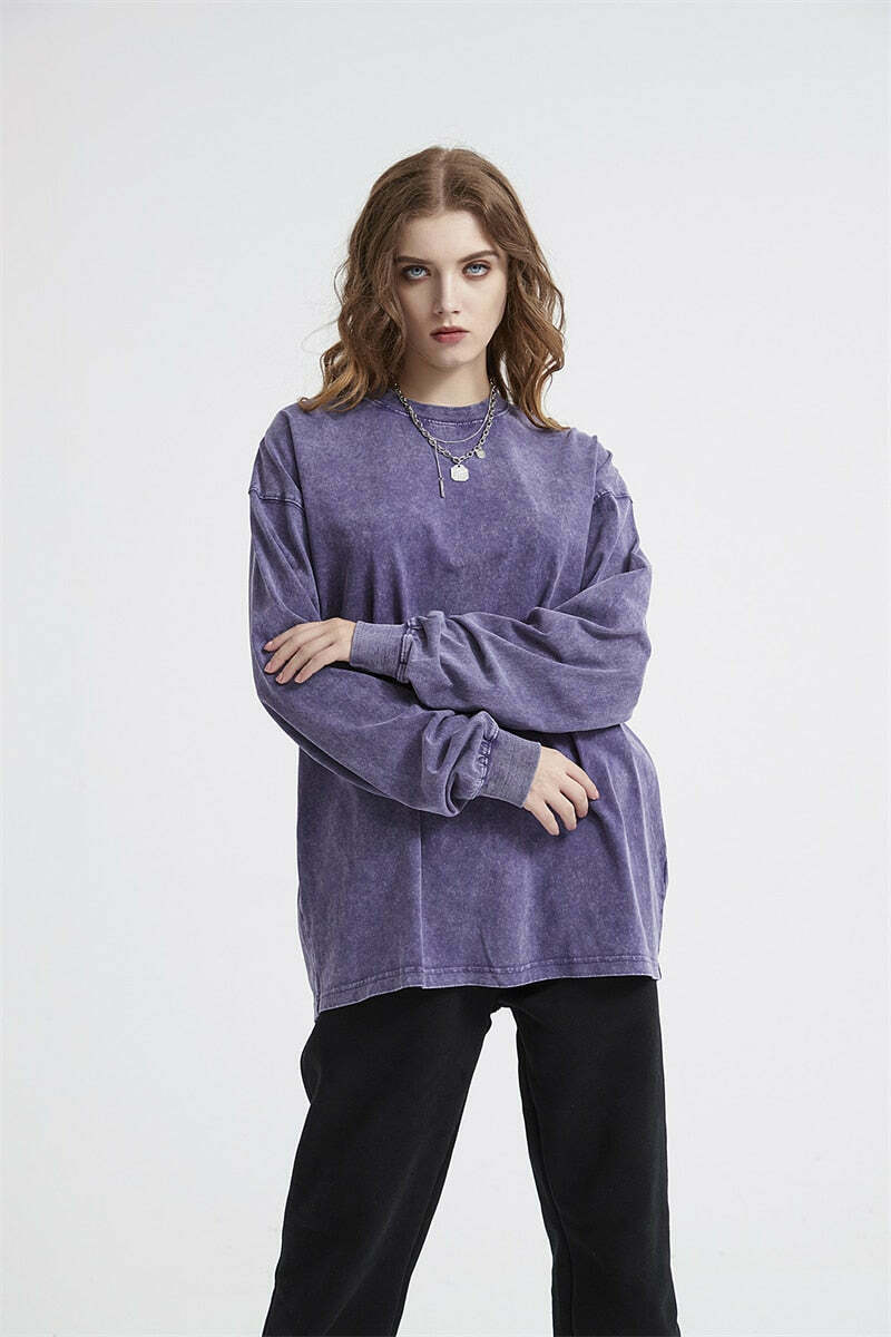 Vintage Acid Washed Long Sleeve Tee - Y2K Fashion Staple for Women - Coquette Aesthetic Grunge Style