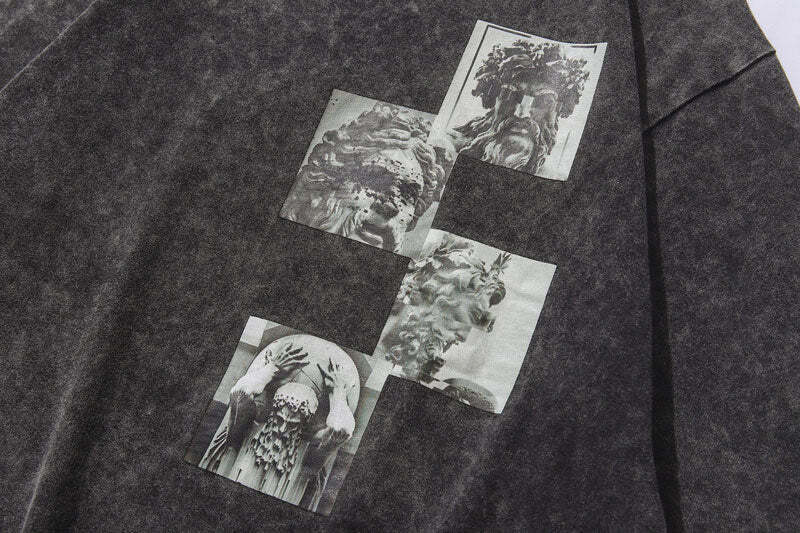 Vintage Acid Washed Statue Print T-Shirt with Side Zip - Y2K Fashion Aesthetic