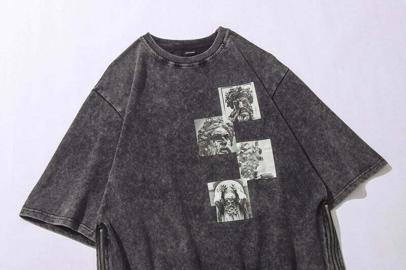 Vintage Acid Washed Statue Print T-Shirt with Side Zip - Y2K Fashion Aesthetic