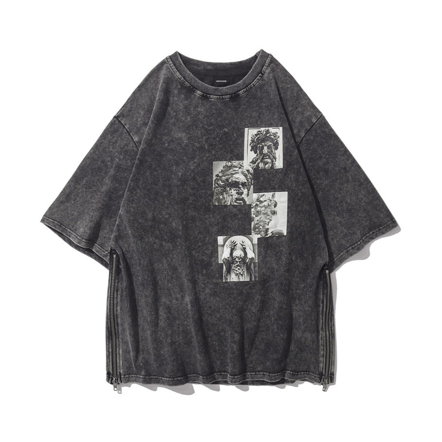Vintage Acid Washed Statue Print T-Shirt with Side Zip - Y2K Fashion Aesthetic