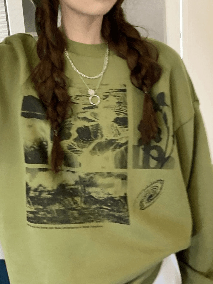 Vintage Aesthetic Landscape Print Crew Sweatshirt - Y2K Fashion Coquette Style Grunge Outfits