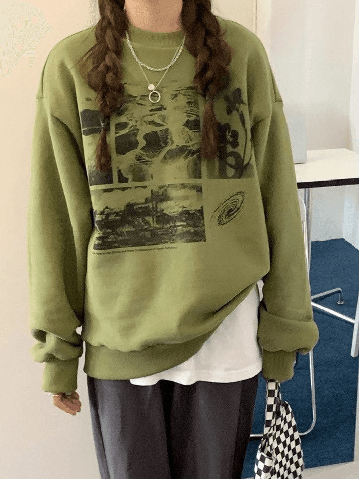 Vintage Aesthetic Landscape Print Crew Sweatshirt - Y2K Fashion Coquette Style Grunge Outfits