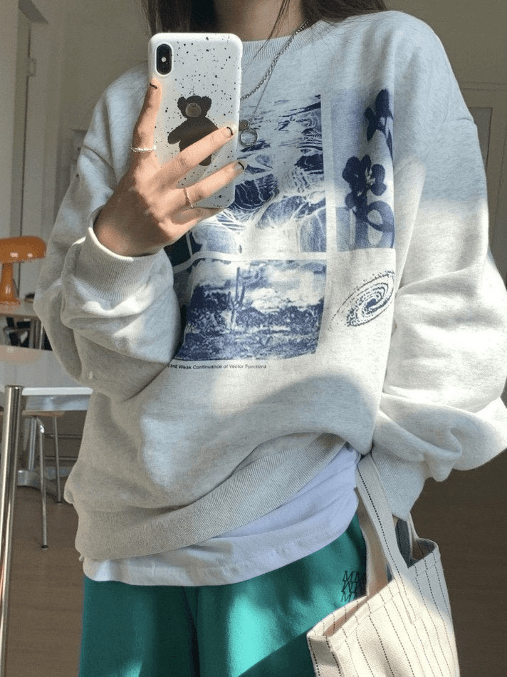 Vintage Aesthetic Landscape Print Crew Sweatshirt - Y2K Fashion Coquette Style Grunge Outfits