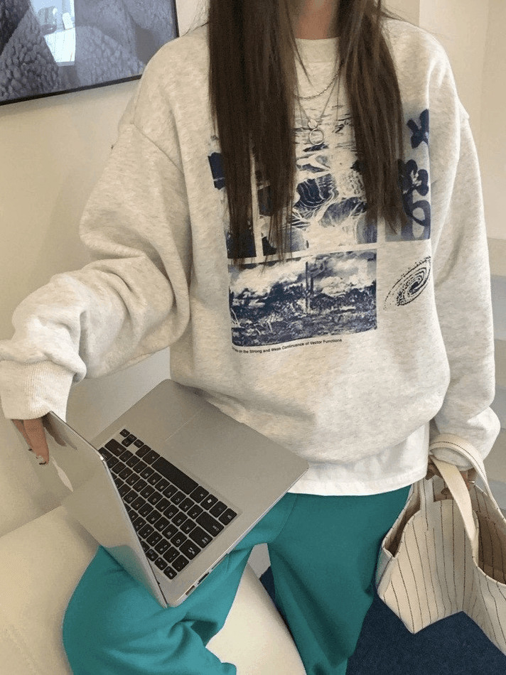 Vintage Aesthetic Landscape Print Crew Sweatshirt - Y2K Fashion Coquette Style Grunge Outfits