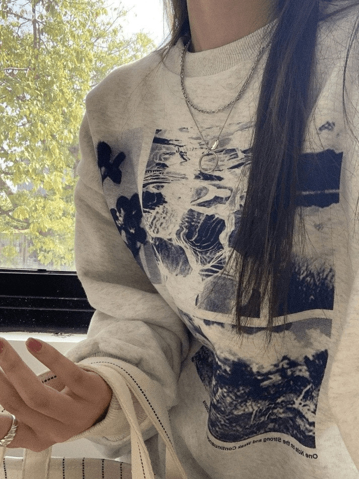 Vintage Aesthetic Landscape Print Crew Sweatshirt - Y2K Fashion Coquette Style Grunge Outfits