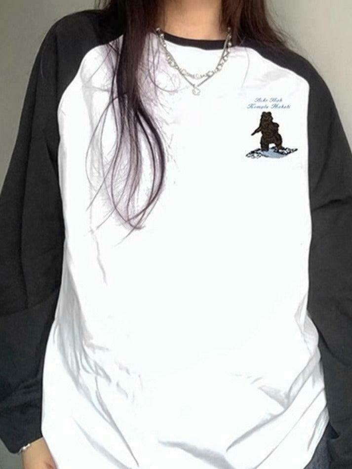 Vintage Bear Print Raglan Oversized Long Sleeve Tee