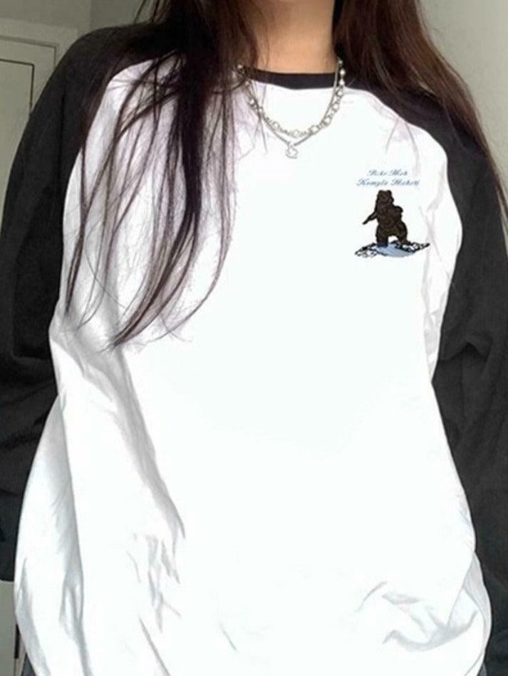 Vintage Bear Print Raglan Oversized Long Sleeve Tee