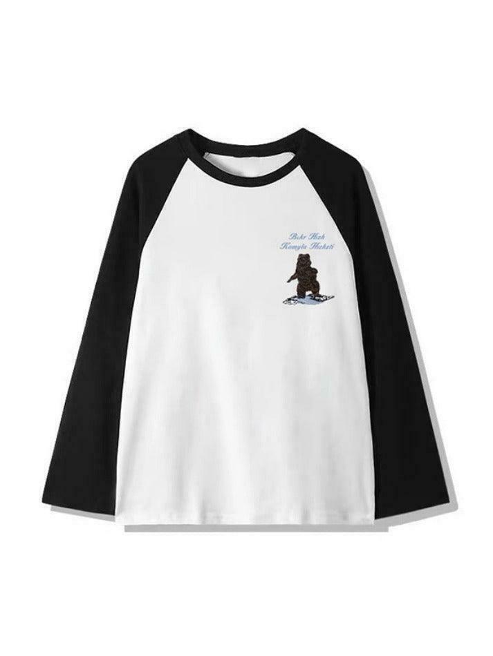 Vintage Bear Print Raglan Oversized Long Sleeve Tee