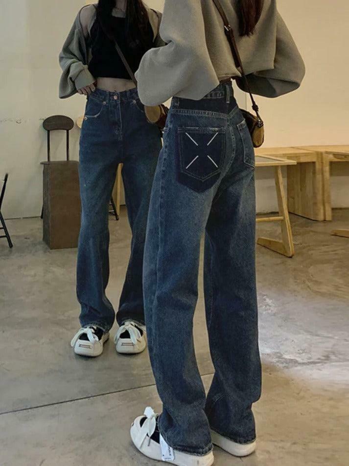 Vintage Blue Print Back Boyfriend Jeans - Y2K Fashion Aesthetic Women's Denim Trousers