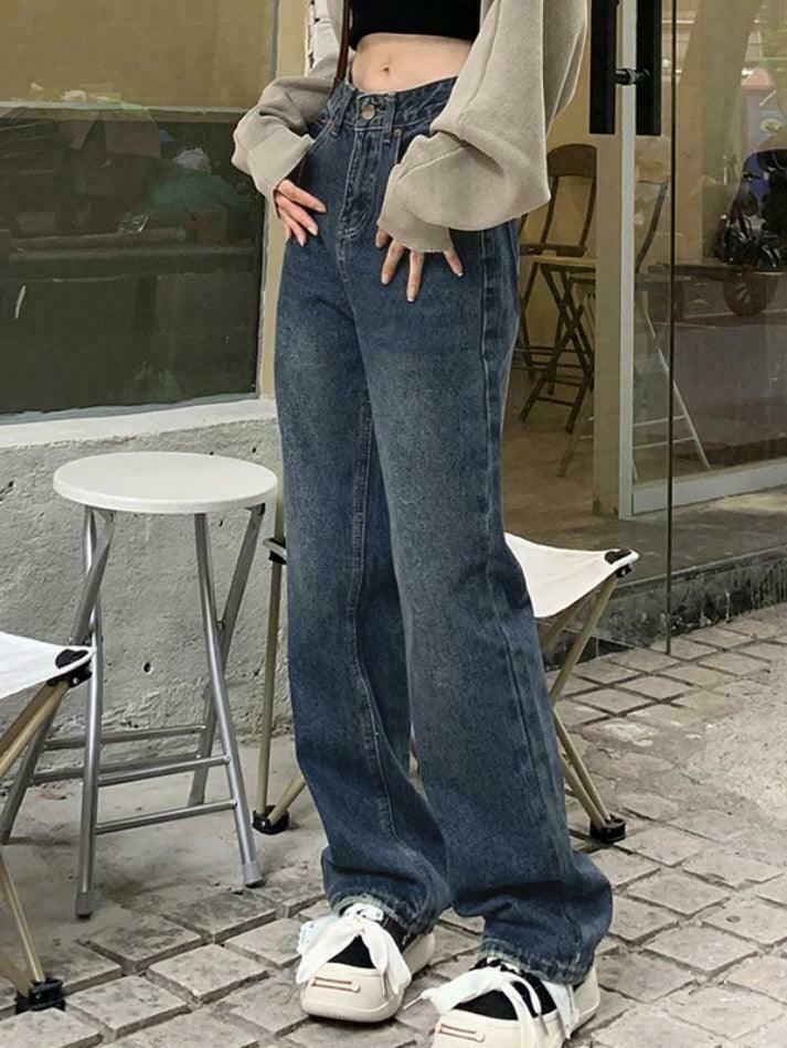 Vintage Blue Print Back Boyfriend Jeans - Y2K Fashion Aesthetic Women's Denim Trousers