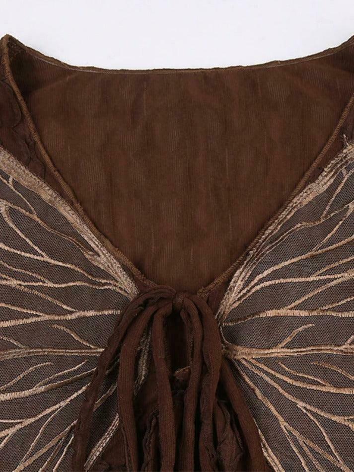 Vintage Brown Butterfly Print Lace-Up Blouse with Long Sleeves - Y2K Fashion Aesthetic
