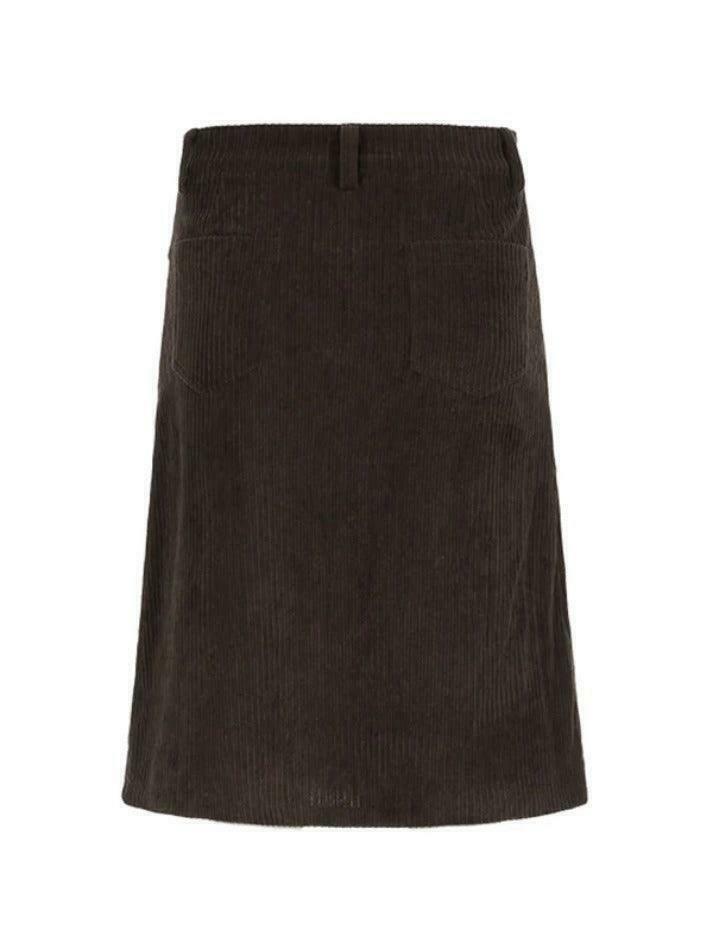 Vintage Brown Corduroy High Rise A-line Midi Skirt - Y2K Fashion Niche Women's Clothing