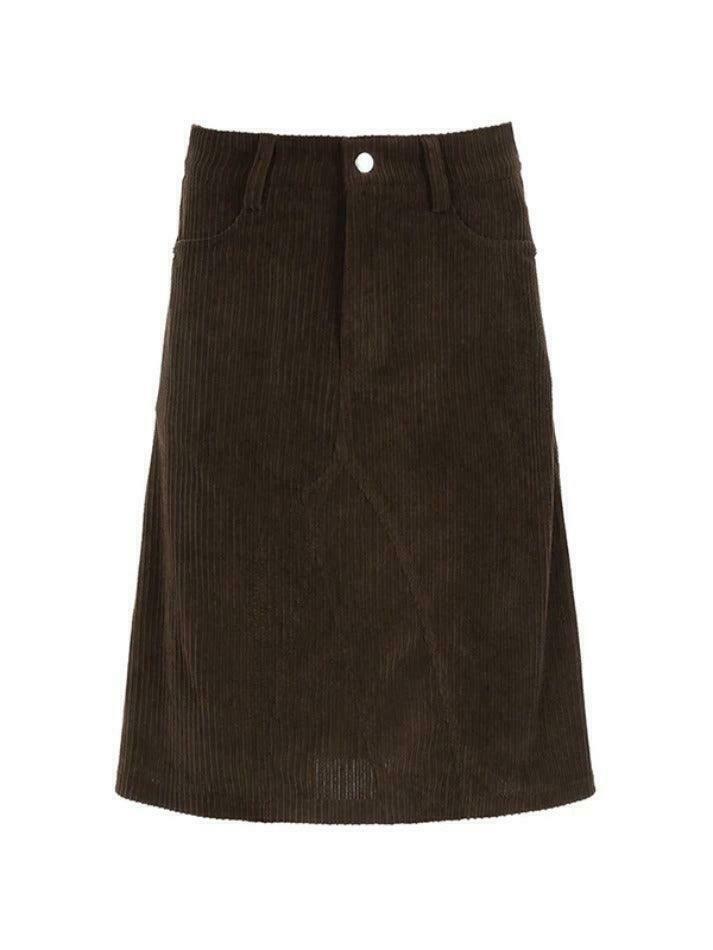 Vintage Brown Corduroy High Rise A-line Midi Skirt - Y2K Fashion Niche Women's Clothing