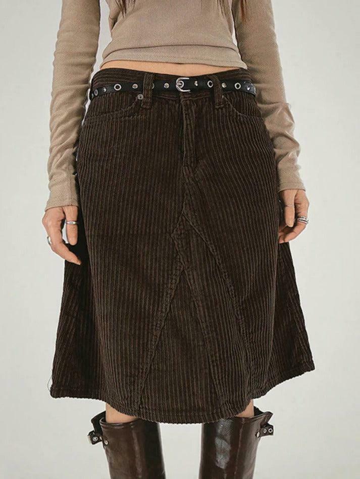 Vintage Brown Corduroy High Rise A-line Midi Skirt - Y2K Fashion Niche Women's Clothing