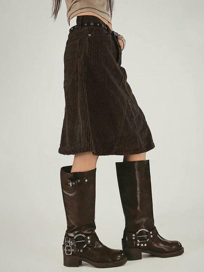 Vintage Brown Corduroy High Rise A-line Midi Skirt - Y2K Fashion Niche Women's Clothing