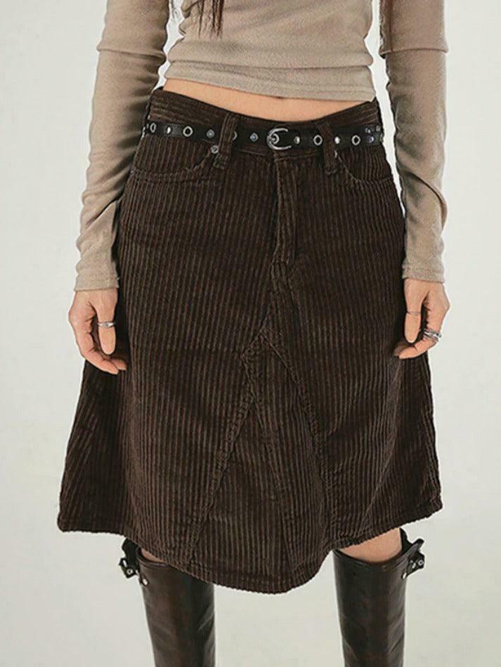 Vintage Brown Corduroy High Rise A-line Midi Skirt - Y2K Fashion Niche Women's Clothing