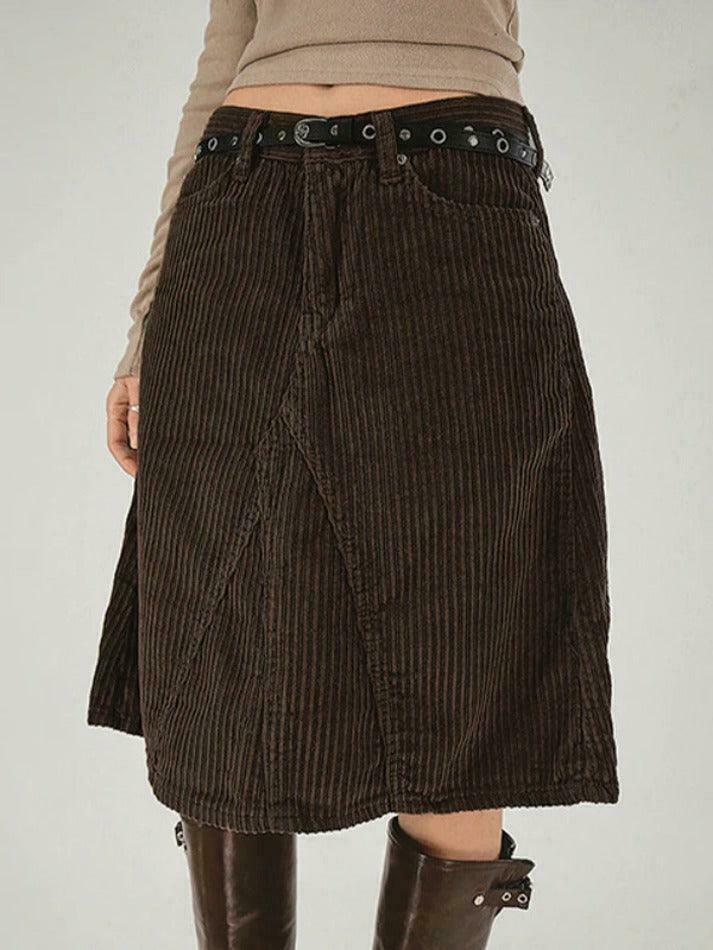 Vintage Brown Corduroy High Rise A-line Midi Skirt - Y2K Fashion Niche Women's Clothing