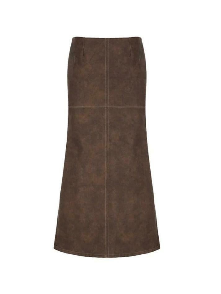 Vintage Brown Leather Maxi Skirt with Back Slit - Y2K Fashion Statement Piece
