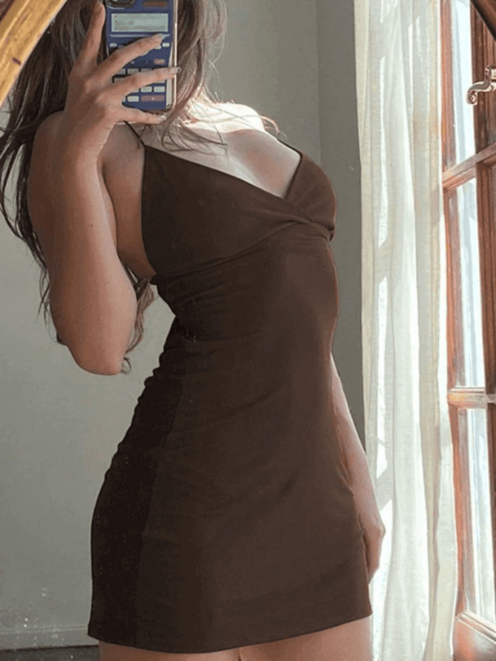 Vintage Brown Slip Mini Dress - Y2K Fashion Coquette Aesthetic Grunge Style - Retro Women's Clothing
