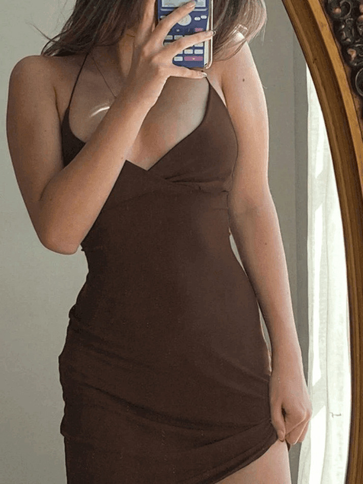 Vintage Brown Slip Mini Dress - Y2K Fashion Coquette Aesthetic Grunge Style - Retro Women's Clothing