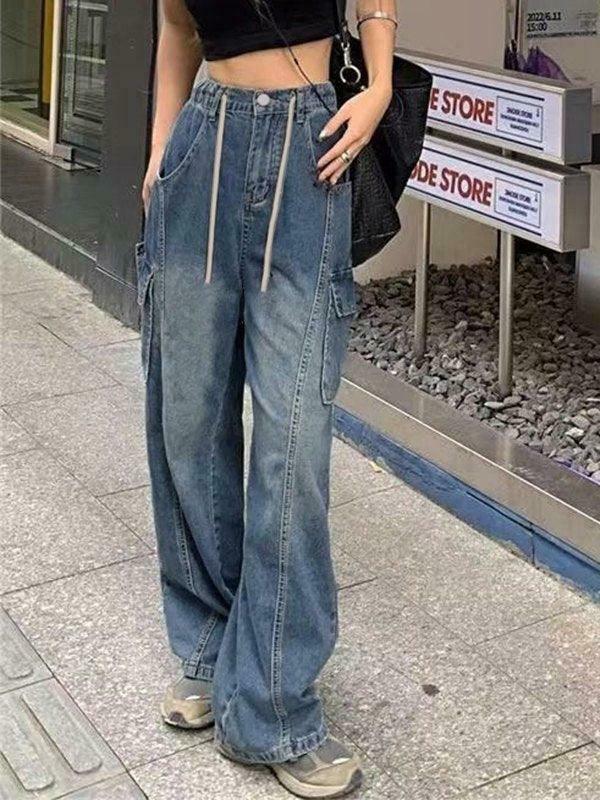 Vintage Cargo Jeans with Seam Detail: Y2K Fashion Aesthetic for Women
