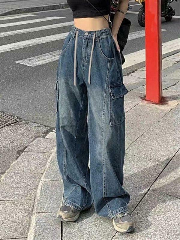 Vintage Cargo Jeans with Seam Detail: Y2K Fashion Aesthetic for Women