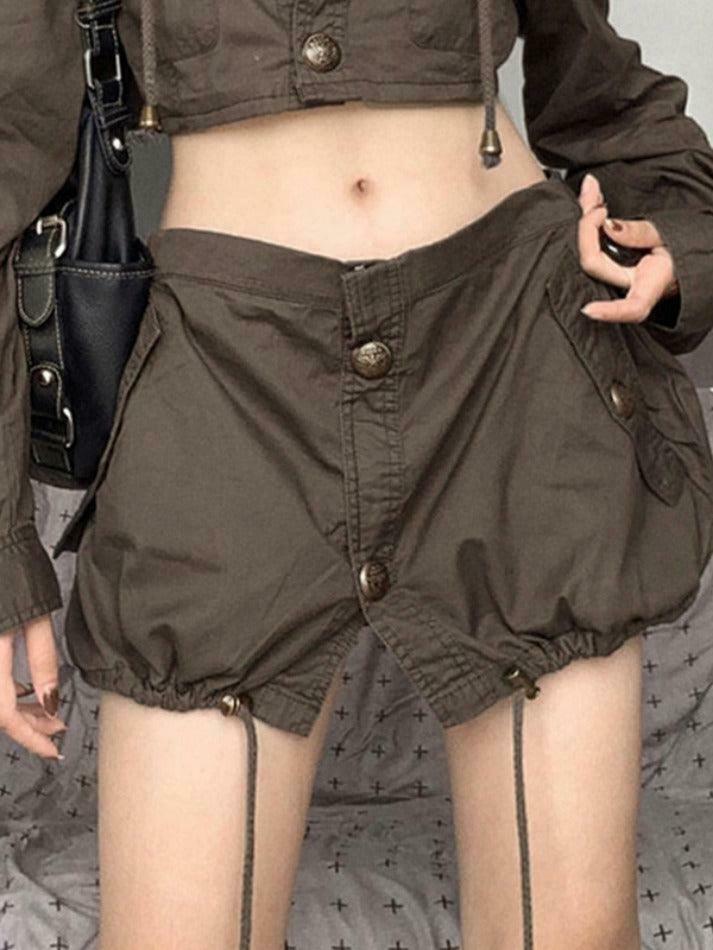 Vintage Cargo Mini Skirt with Drawstring Hem & Pocket Buttons