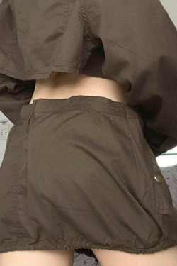 Vintage Cargo Mini Skirt with Drawstring Hem & Pocket Buttons