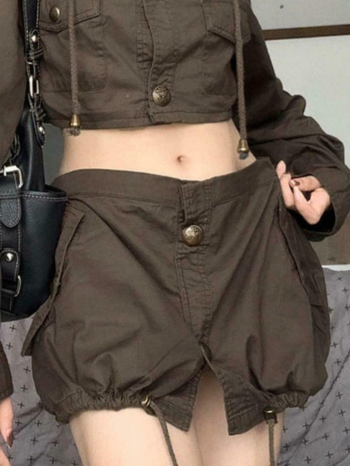 Vintage Cargo Mini Skirt with Drawstring Hem & Pocket Buttons