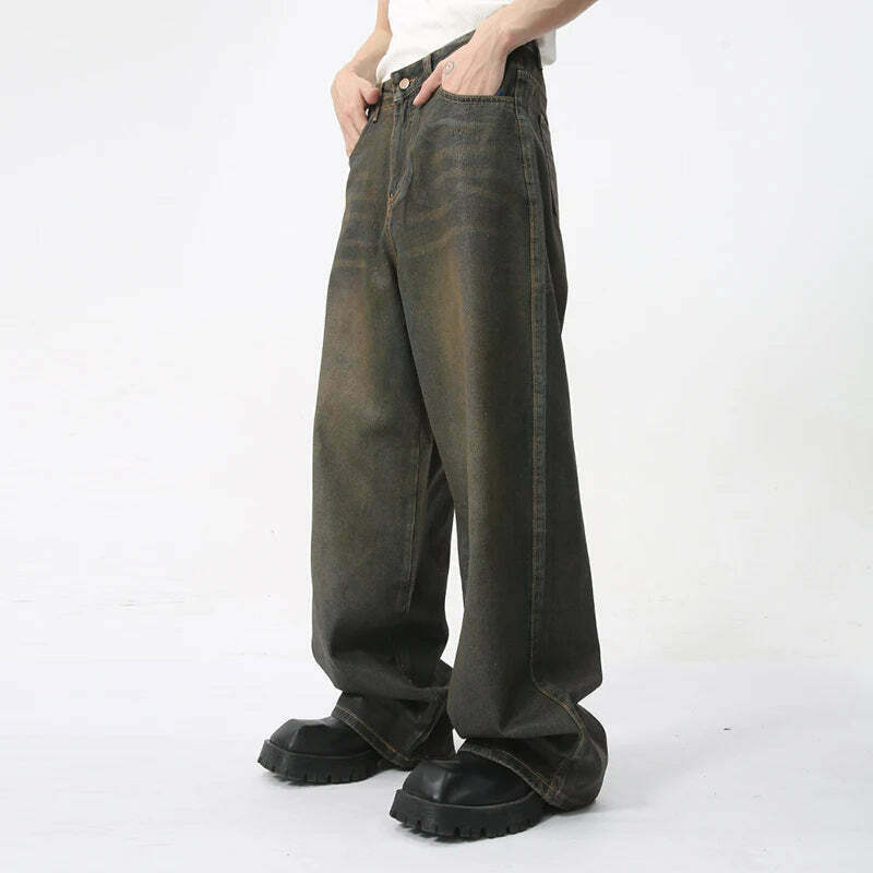 Vintage Coated Baggy Jeans - Y2K Aesthetic Denim - Grunge Style Cargo Skirt - Coquette Fashion