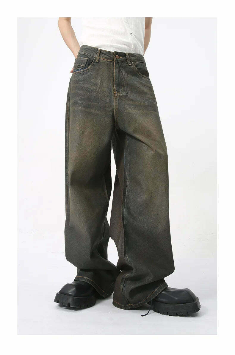 Vintage Coated Baggy Jeans - Y2K Aesthetic Denim - Grunge Style Cargo Skirt - Coquette Fashion